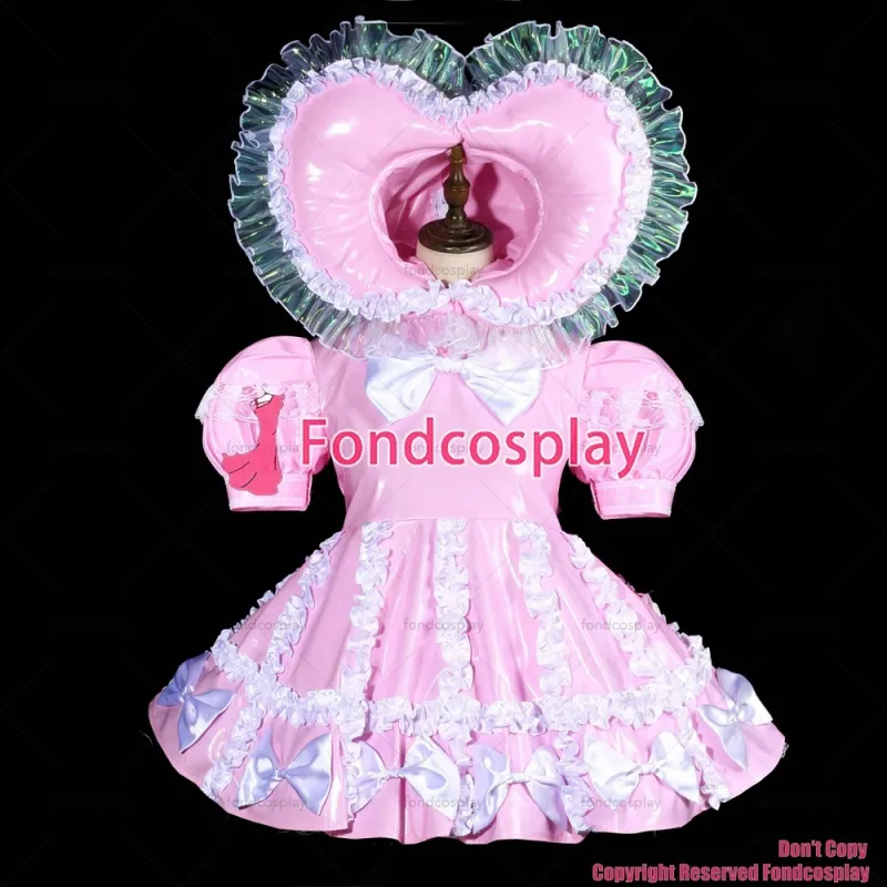 fondcosplay adult sexy cross dressing sissy maid baby pink thin PVC Dress Vinyl lockable TV Unisex heart hood CD/TV[G3823]