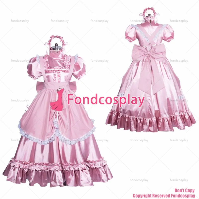 fondcosplay adult sexy cross dressing sissy maid long French Lockable pink satin dress gothic lolita apron CD/TV [G3865]