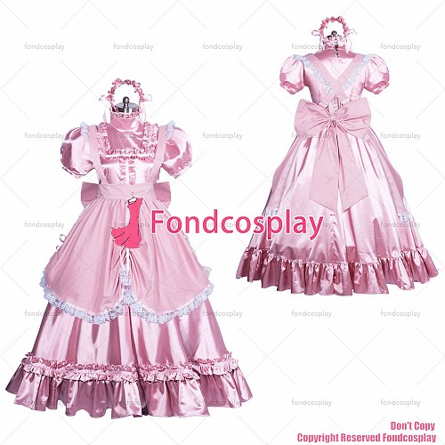 fondcosplay adult sexy cross dressing sissy maid long French Lockable pink satin dress gothic lolita apron CD/TV [G3865]