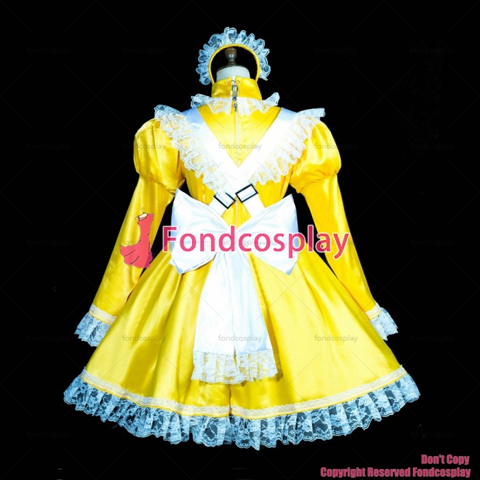 fondcosplay adult sexy cross dressing sissy maid short lockable yellow Satin dress white apron costume CD/TV[G3841]
