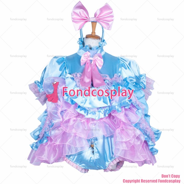 fondcosplay cross dressing sissy maid lockable baby blue Satin dress jumpsuits romper panties handcuffs CD/TV[G3853]