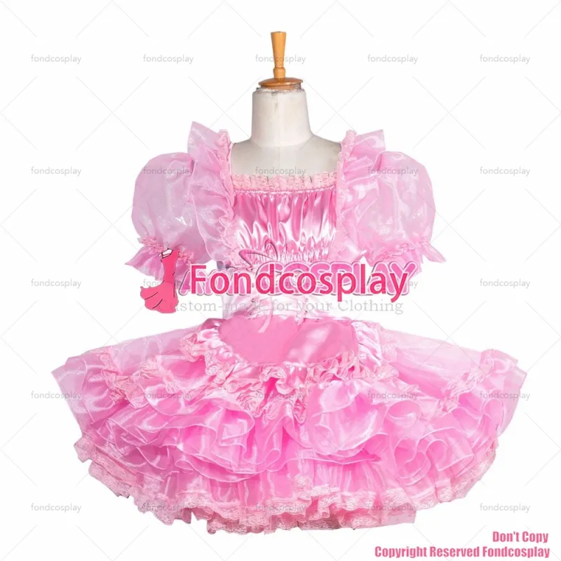 fondcosplay adult sexy cross dressing sissy maid short lockable baby pink Satin Organza dress apron CD/TV [G3860]