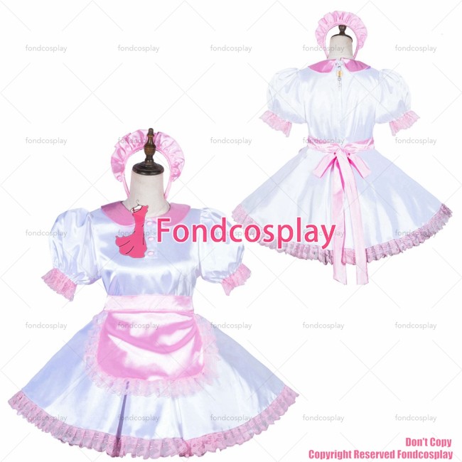fondcosplay adult sexy cross dressing sissy maid Lockable white Satin Dress apron CD/TV Peter Pan collar CD/TV[G3819]