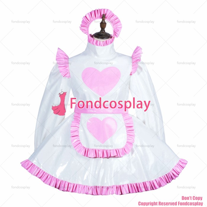 fondcosplay adult sexy cross dressing sissy maid short Lockable white heavy PVC dress apron costume Unisex CD/TV[G3820]