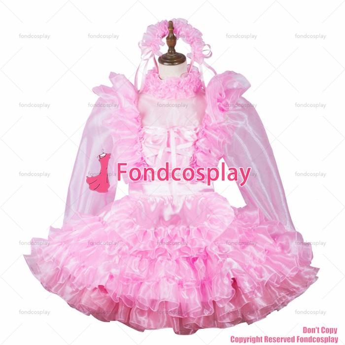 fondcosplay adult sexy cross dressing sissy maid short lockable baby pink Satin Organza dress apron costume CD/TV[G3821]