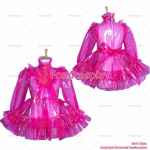 fondcosplay adult sexy cross dressing sissy maid short Clear PVC Lockable EVA Plastic hot pink dress CD/TV[G3852]