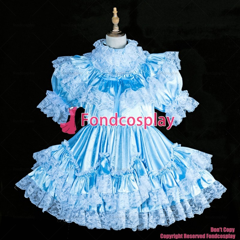 fondcosplay adult sexy cross dressing sissy maid short lockable blue Satin Jacquard dress cosplay costume CD/TV[G3838]