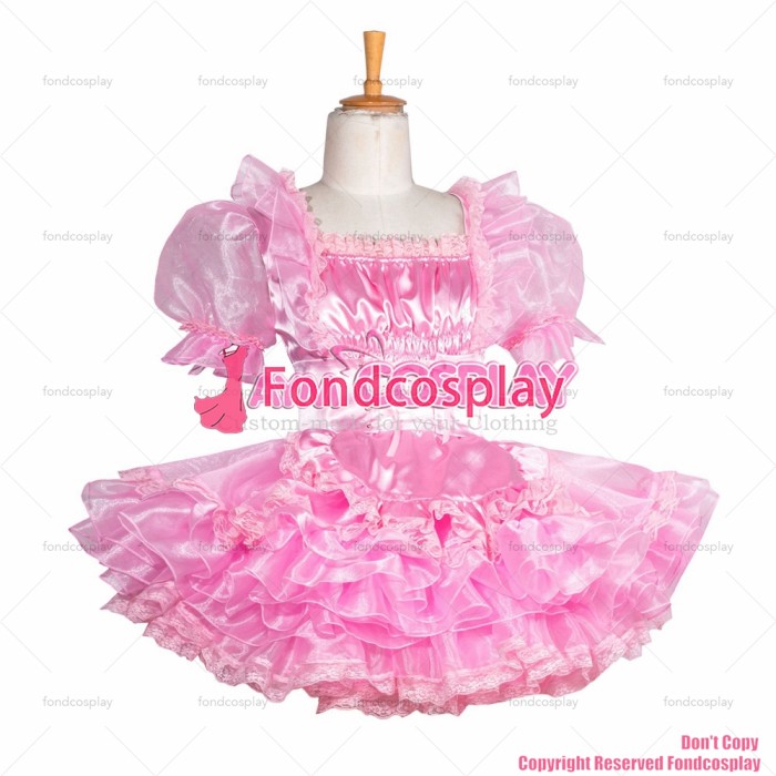 fondcosplay adult sexy cross dressing sissy maid short lockable baby pink Satin Organza dress apron CD/TV [G3860]