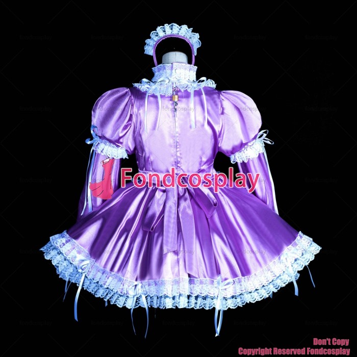 fondcosplay adult sexy cross dressing sissy maid short lockable lilac satin dress apron cosplay CD/TV[G3847]