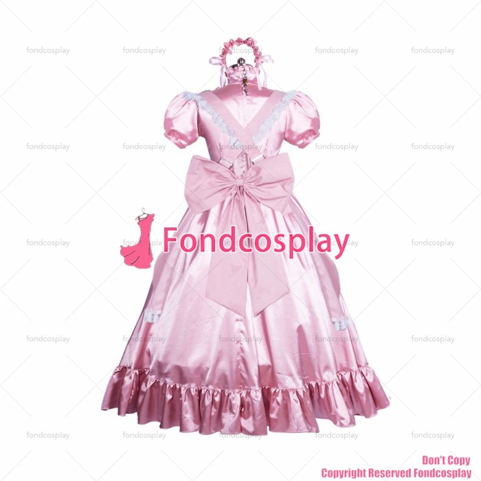 fondcosplay adult sexy cross dressing sissy maid long French Lockable pink satin dress gothic lolita apron CD/TV [G3865]