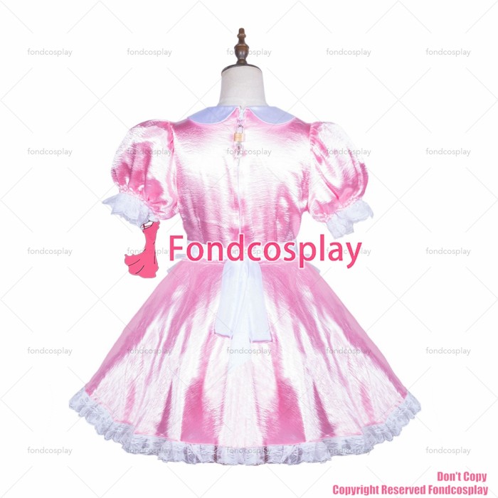 fondcosplay adult sexy cross dressing sissy maid short lockable baby pink Satin dress white apron costume CD/TV[G3839]