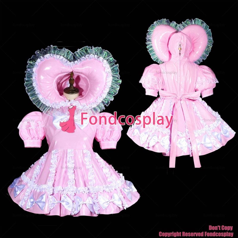 fondcosplay adult sexy cross dressing sissy maid baby pink thin PVC Dress Vinyl lockable TV Unisex heart hood CD/TV[G3823]