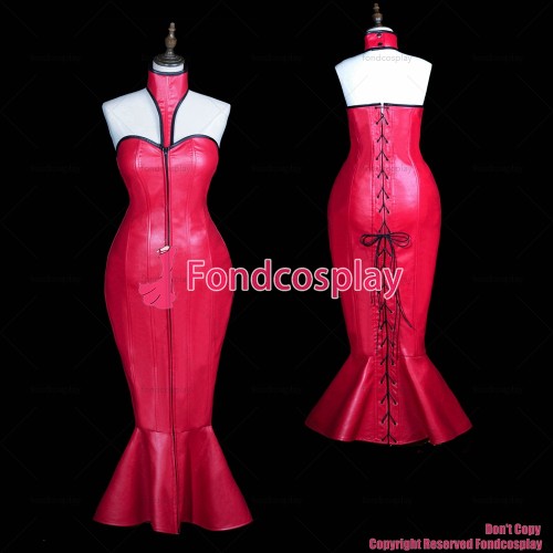 fondcosplay sexy cross dressing sissy maid long red Faux Leather Lace UP Boned Fish tail Corset Party Dress CD/TV[G3837]