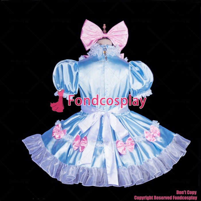 fondcosplay adult sexy cross dressing sissy maid short Lockable baby blue Satin bag Dress Bow Unisex CD/TV[G3836]
