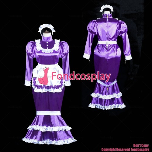 fondcosplay adult sexy cross dressing sissy maid long lockable Purple Satin dress Fish Tail white apron CD/TV[G3843]