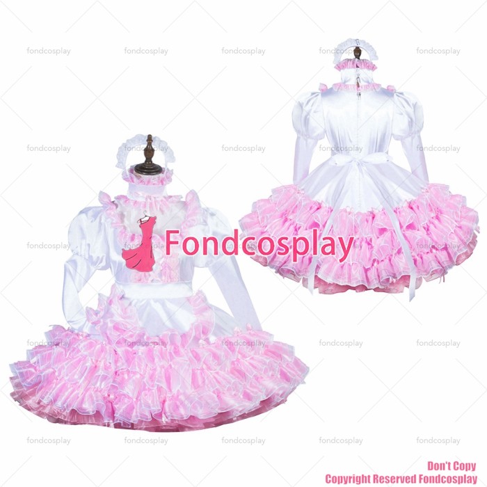 fondcosplay adult sexy cross dressing sissy maid short lockable white Satin Organza dress apron costume CD/TV[G3826]