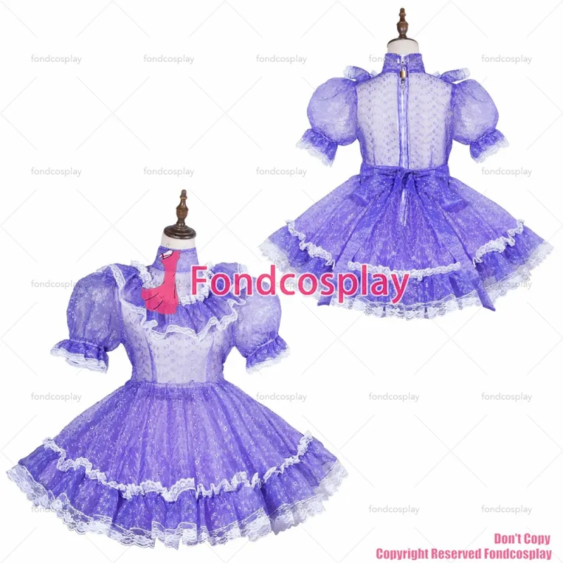 fondcosplay adult sexy cross dressing sissy maid short Lockable purple embroidered Organza Glass silk dress CD/TV[G3833]