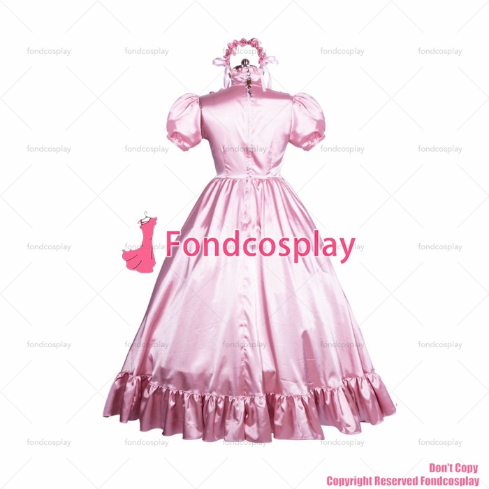 fondcosplay adult sexy cross dressing sissy maid long French Lockable pink satin dress gothic lolita CD/TV[G3864]