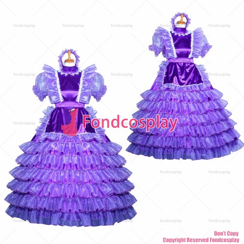 fondcosplay adult sexy cross dressing sissy maid long Purple Satin organza dress lockable TV apron costume CD/TV[G3851]