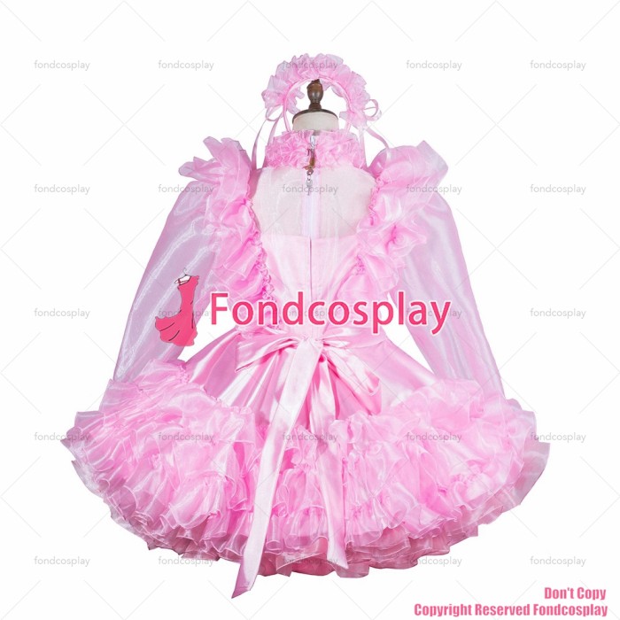 fondcosplay adult sexy cross dressing sissy maid short lockable baby pink Satin Organza dress apron costume CD/TV[G3821]