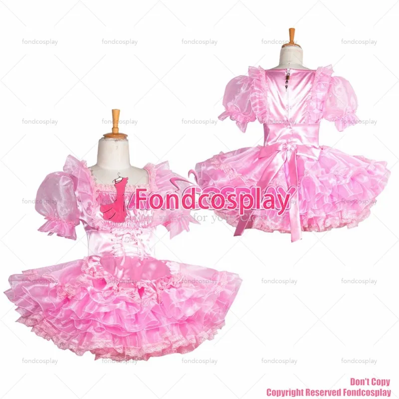 fondcosplay adult sexy cross dressing sissy maid short lockable baby pink Satin Organza dress apron CD/TV [G3860]
