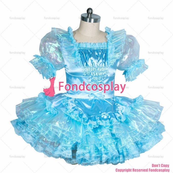 fondcosplay adult sexy cross dressing sissy maid short French lockable blue Satin-glass silk organza dress CD/TV [G3866]