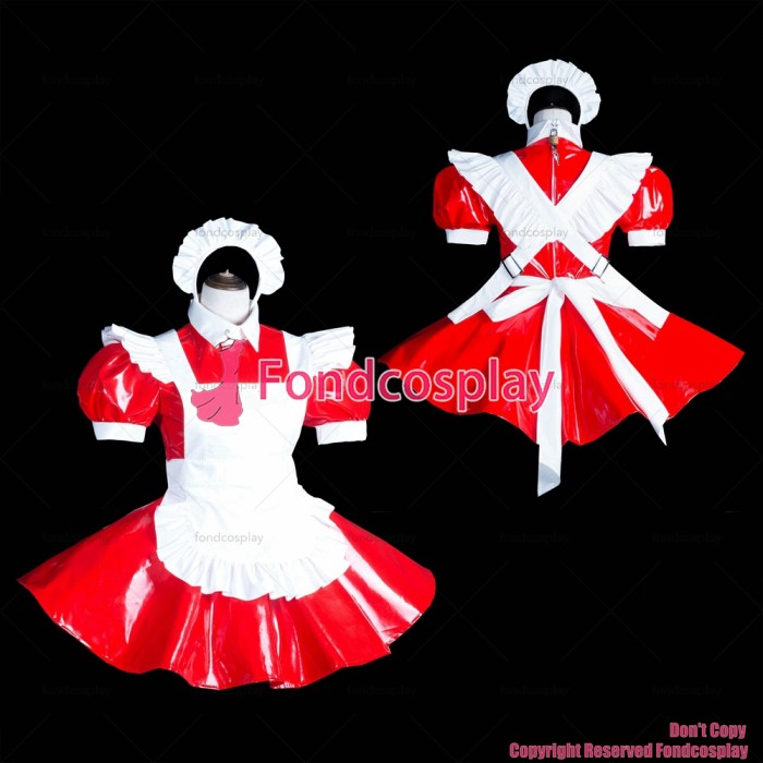 fondcosplay adult sexy cross dressing sissy maid lockable red heavy PVC dress Uniform white apron costume CD/TV[G3844]
