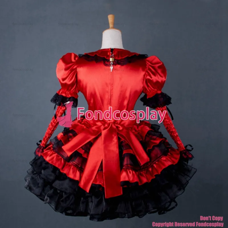 fondcosplay adult sexy cross dressing sissy maid short Lovely lockable Uniform red Satin dress apron costume Custom-made[G791]
