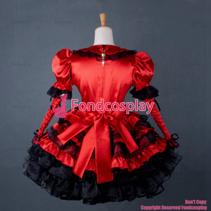 fondcosplay adult sexy cross dressing sissy maid short Lovely lockable Uniform red Satin dress apron costume Custom-made[G791]