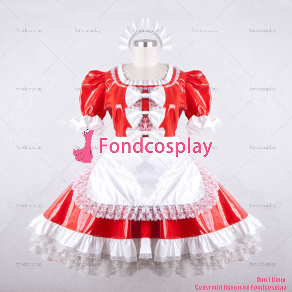 fondcosplay adult sexy cross dressing sissy maid short Lockable Red Pvc ...