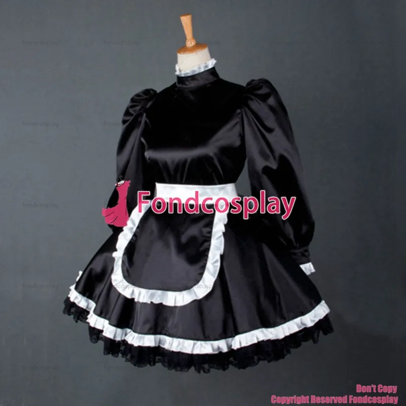 fondcosplay adult sexy cross dressing sissy maid short Lockable Uniform Black Satin Dress Cosplay Costume Custom-made[G780]