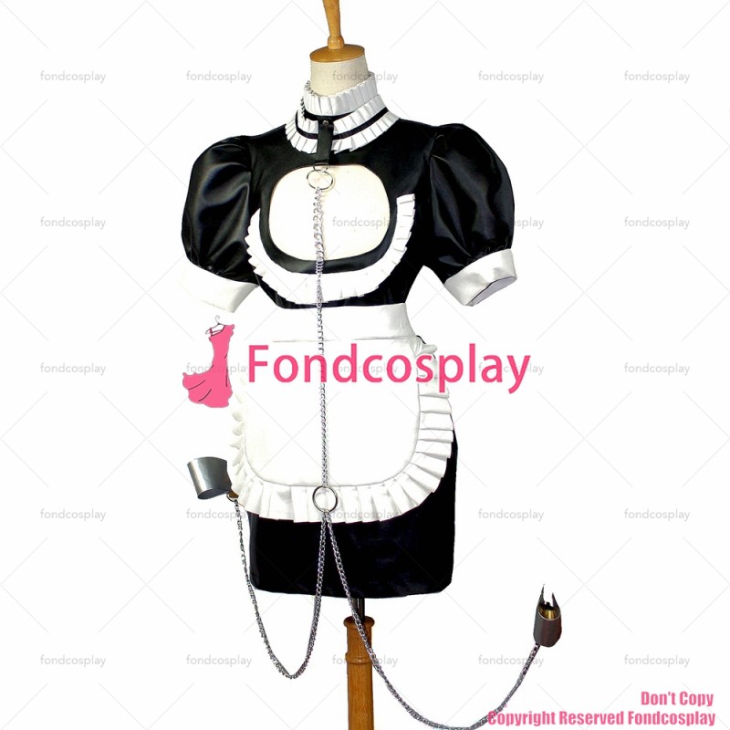 fondcosplay adult sexy cross dressing sissy maid Faux Leather Dress Lockable Handcuffs Uniform white apron Custom-made[G829]