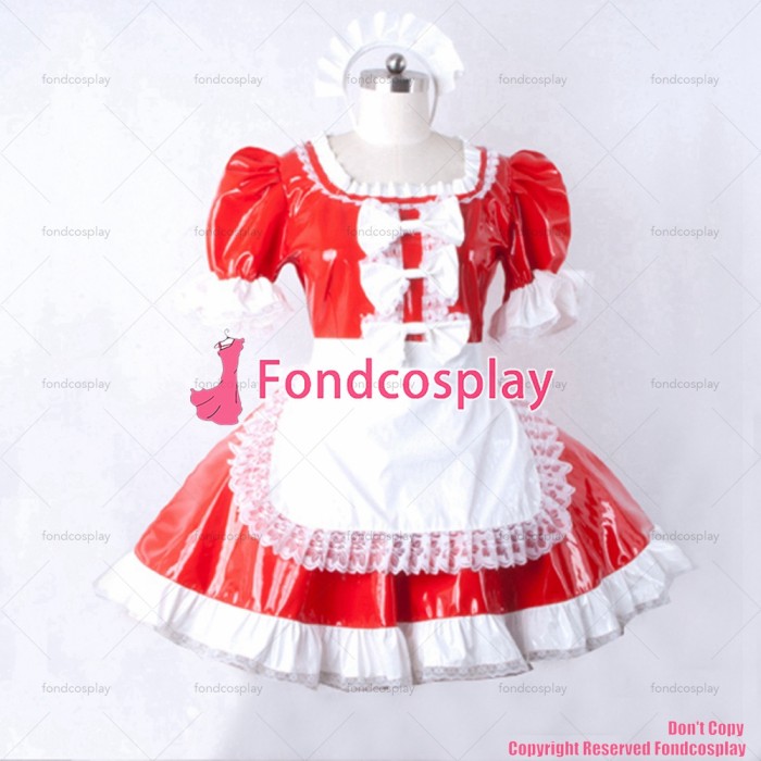 fondcosplay adult sexy cross dressing sissy maid short Lockable Red Pvc Dress Uniform white apron Costume CD/TV[G795]