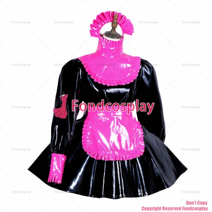 fondcosplay adult sexy cross dressing sissy maid short black heavy PVC lockable dress Uniform hot pink apron CD/TV[G3817]
