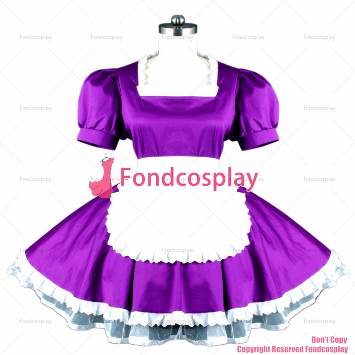 fondcosplay adult sexy cross dressing sissy maid short Lockable Uniform Purple Cotton Dress white apron Custom-made[G781]