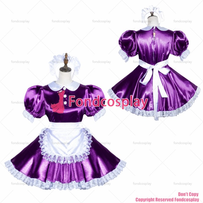 fondcosplay adult sexy cross dressing sissy maid short Lockable Purple Satin Dress Unisex CD/TV white apron CD/TV [G3815]