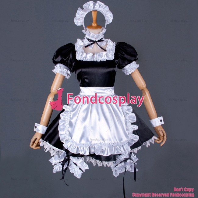 fondcosplay adult sexy cross dressing sissy maid Carnival Phantasm Saber black satin Dress white apron Costume Custom-made[G849]