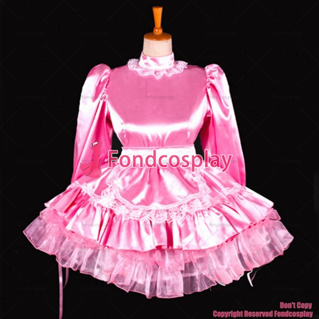 fondcosplay adult sexy cross dressing French sissy maid lockable baby pink Satin Uniform dress apron costume Custom-made[G794]
