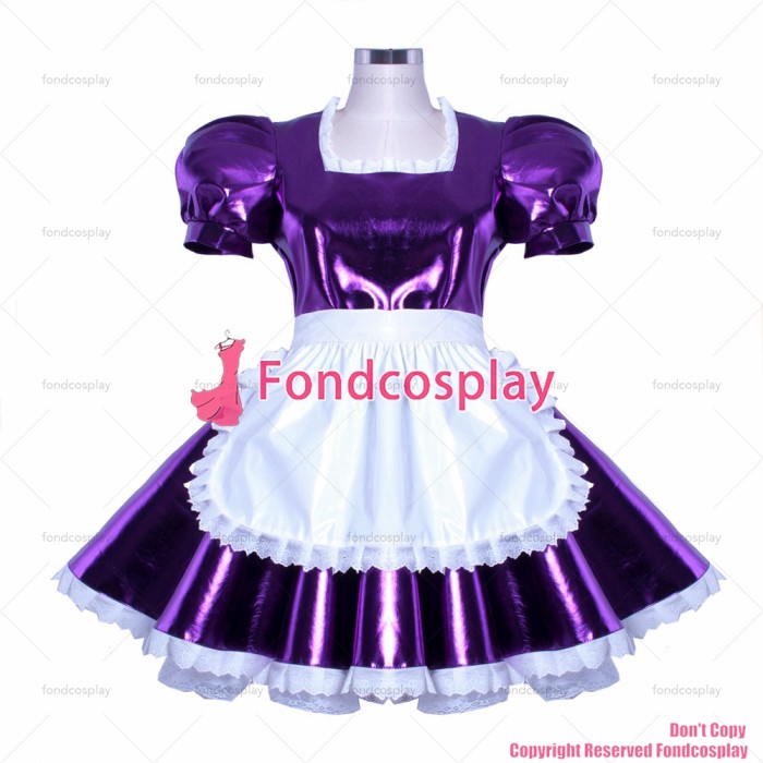 fondcosplay adult cross dressing French sissy maid lockable Purple heavy Shiny PVC dress Uniform white apron TV/CD[G912]