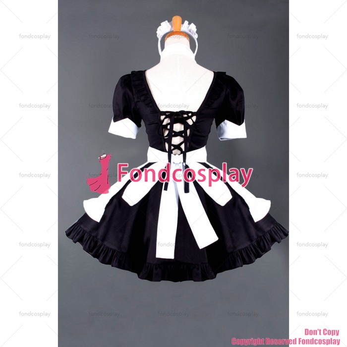 fondcosplay adult sexy cross dressing sissy maid short black cotton Dress Lockable Uniform white apron Costume CD/TV[G861]