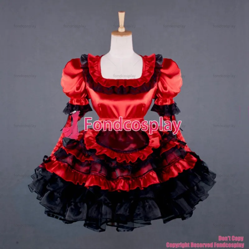 fondcosplay adult sexy cross dressing sissy maid short Lovely lockable Uniform red Satin dress apron costume Custom-made[G791]
