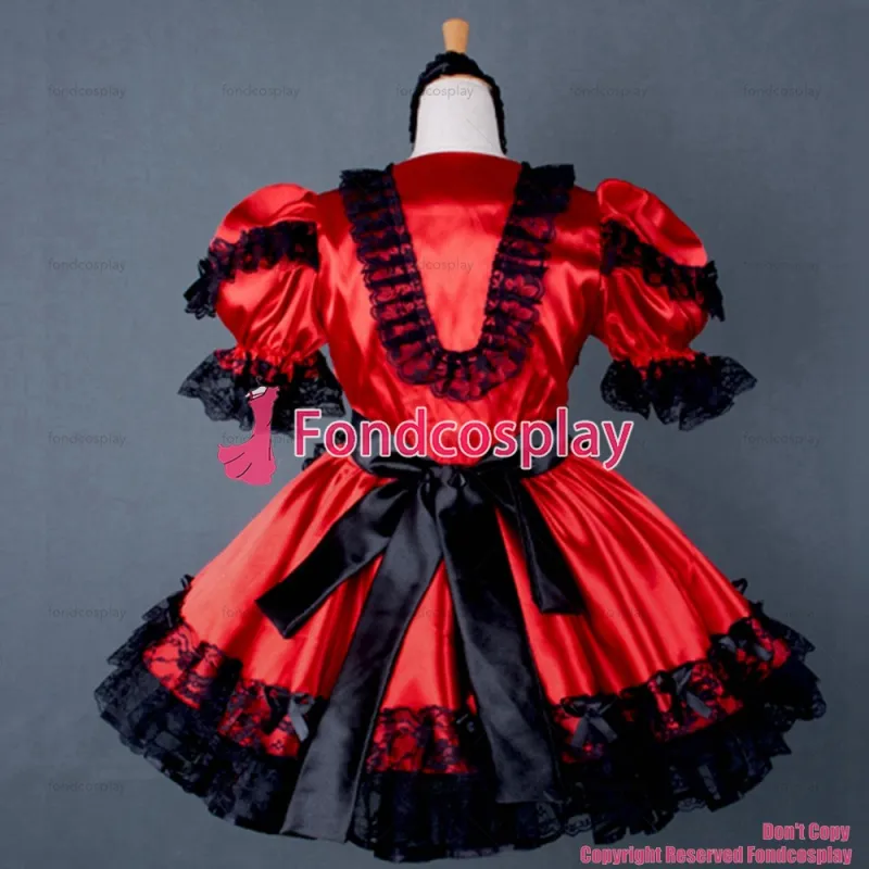 fondcosplay adult sexy cross dressing sissy maid short Lockable Red Satin French Uniform Dress black apron Custom-made[G790]