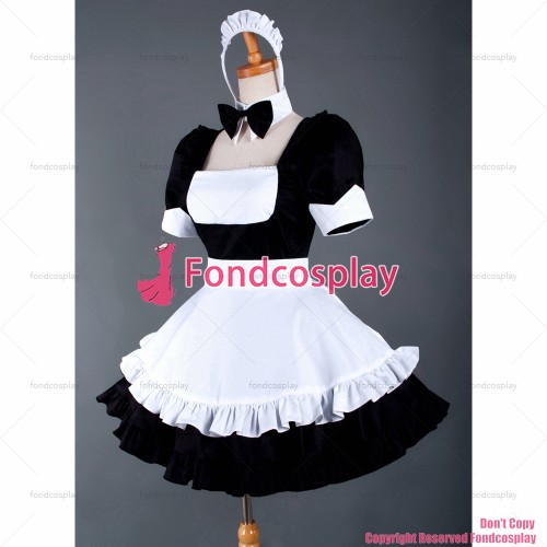 fondcosplay adult sexy cross dressing sissy maid short black cotton Dress Lockable Uniform white apron Costume CD/TV[G861]