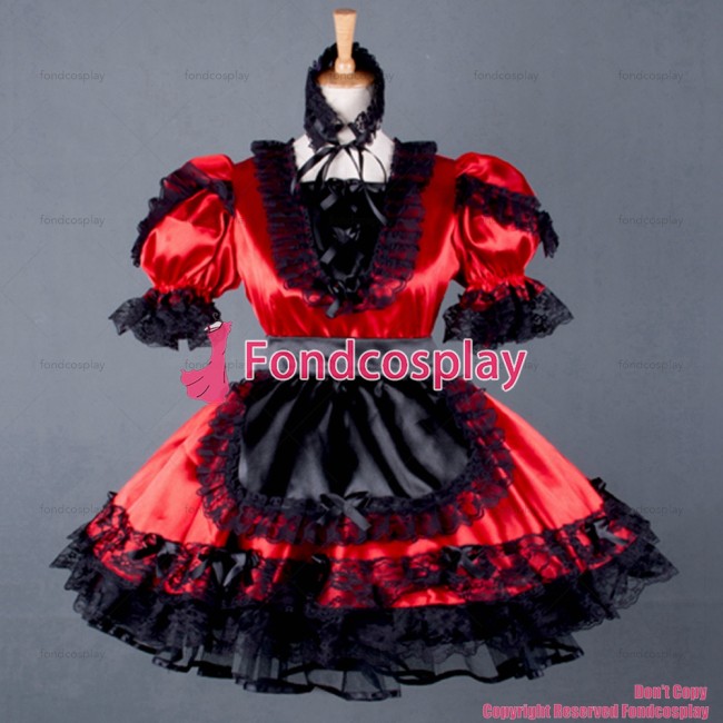 fondcosplay adult sexy cross dressing sissy maid short Lockable Red Satin French Uniform Dress black apron Custom-made[G790]