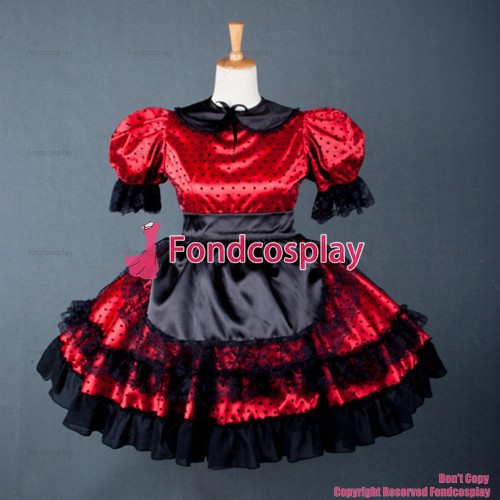 fondcosplay adult sexy cross dressing sissy maid short Lovely lockable Uniform red Satin dress black apron CD/TV[G779]