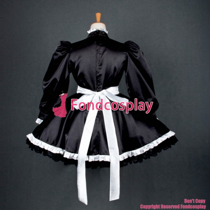 fondcosplay adult sexy cross dressing sissy maid short Lockable Uniform Black Satin Dress Cosplay Costume Custom-made[G780]