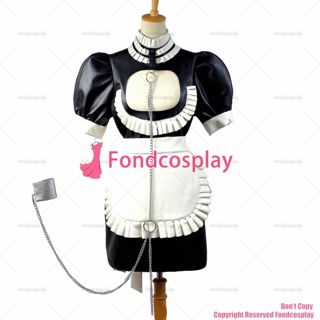 fondcosplay adult sexy cross dressing sissy maid Faux Leather Dress Lockable Handcuffs Uniform white apron Custom-made[G829]