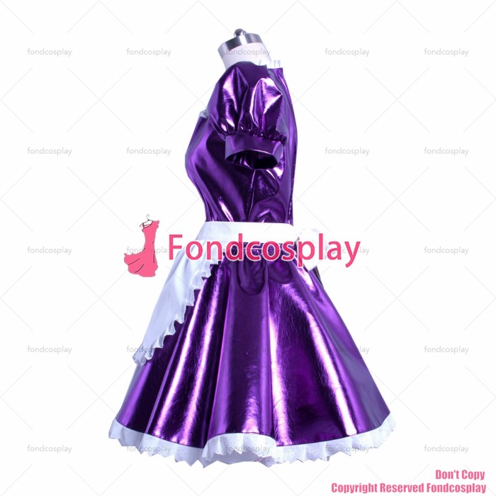 fondcosplay adult cross dressing French sissy maid lockable Purple heavy Shiny PVC dress Uniform white apron TV/CD[G912]