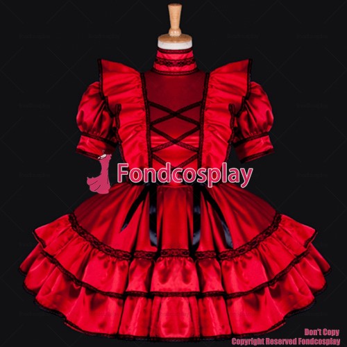 fondcosplay adult sexy cross dressing sissy maid short Lockable Red Satin Uniform Dress Cosplay Costume Custom-made[G789]