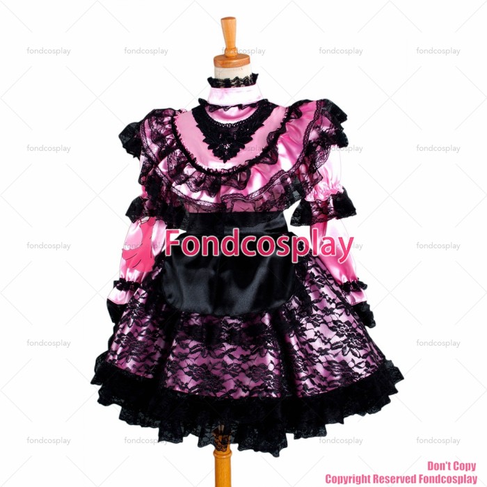fondcosplay adult sexy cross dressing sissy maid short pink Satin lace Dress Uniform Lockable black apron Custom-made[G884]